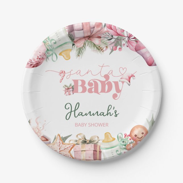 Christmas Pink Santa Baby Shower Paper Plate (Front)