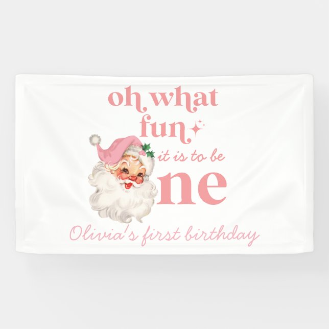 Christmas Pink Santa First Birthday Banner (Horizontal)