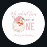 Christmas Pink Santa First Birthday Classic Round Sticker<br><div class="desc">Oh what fun,  it is to be One! Christmas Pink Santa first birthday party stickers with watercolor pink santa.</div>