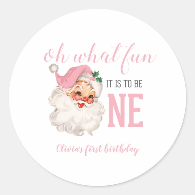 Christmas Pink Santa First Birthday Classic Round Sticker (Front)