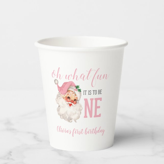 Christmas Pink Santa First Birthday Paper Cups (Front)