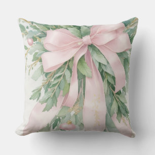 Christmas Pink Satin Ribbon Holly Greenery Cushion