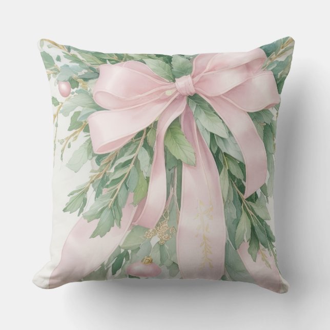 Christmas Pink Satin Ribbon Holly Greenery Cushion (Front)