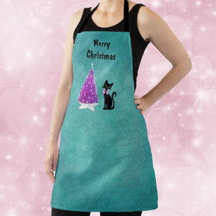 Christmas Pink Silver Tree Star Rug Black Cat Teal Apron
