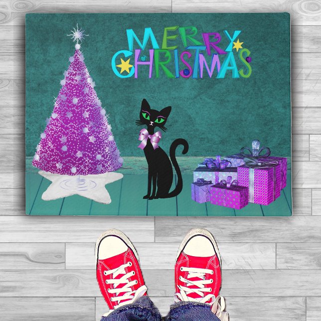 Christmas Pink Tree Black Cat Wrapped Gifts Teal Doormat (Pink Tree with black cat pile of wrapped gifts in Teal coloured room on Merry Christmas door mat.)
