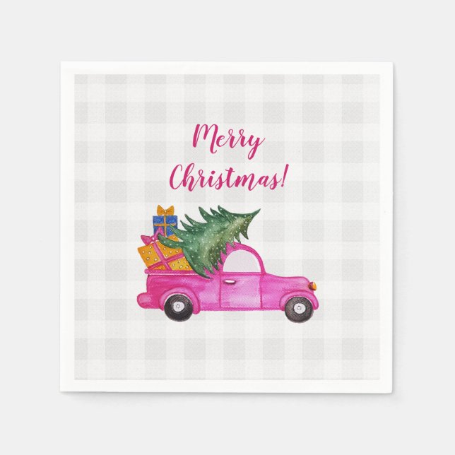 Christmas Pink Truck With Tree And Wishes Napkin (Front)