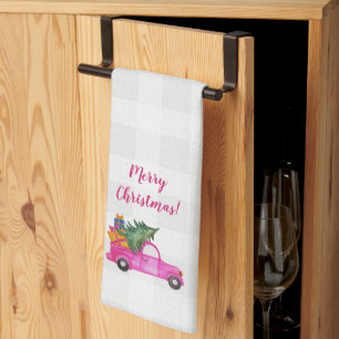 Christmas Pink Truck With Tree And Wishes Tea Towel