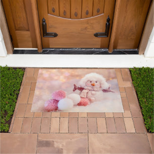 Christmas Pink & White Fluffy Snowman Doormat