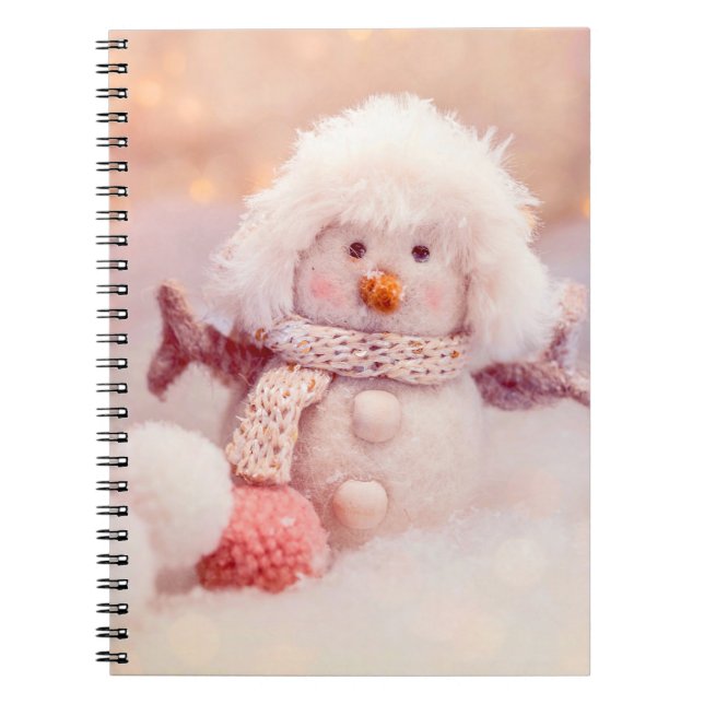 Christmas Pink & White Fluffy Snowman Notebook (Front)
