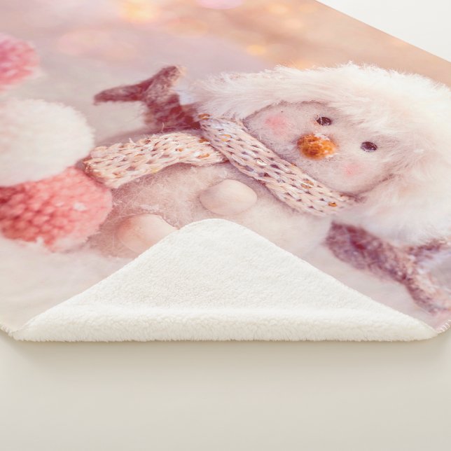 Christmas Pink & White Fluffy Snowman Sherpa Blanket (3/4)