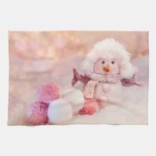 Christmas Pink & White Fluffy Snowman Tea Towel