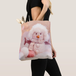 Christmas Pink & White Fluffy Snowman Tote Bag