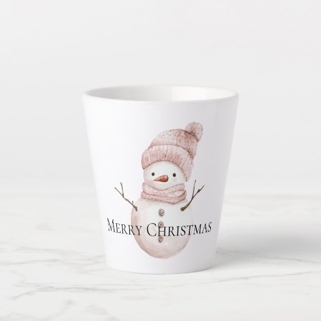 Christmas Pink White Snowman Latte Mug (Front)