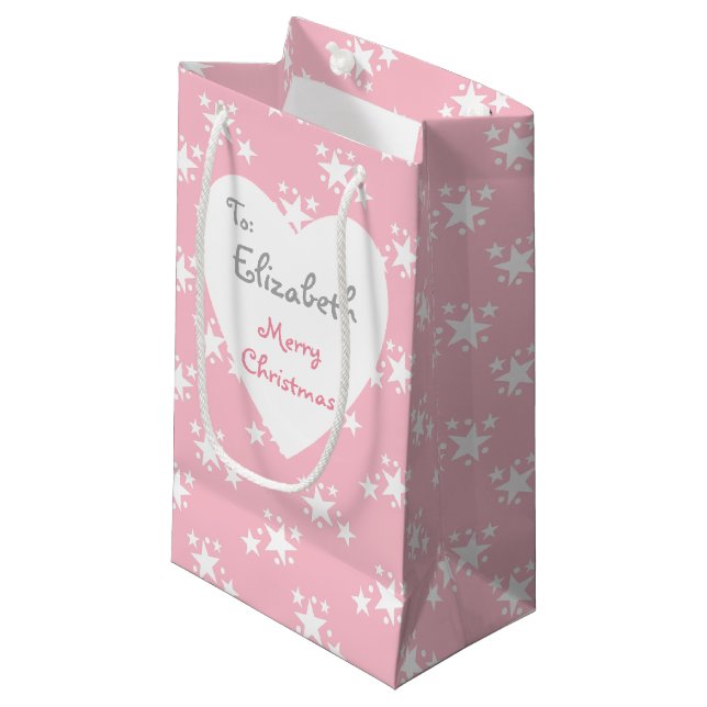 Christmas Pink with white stars Small Gift Bag (Front Angled)