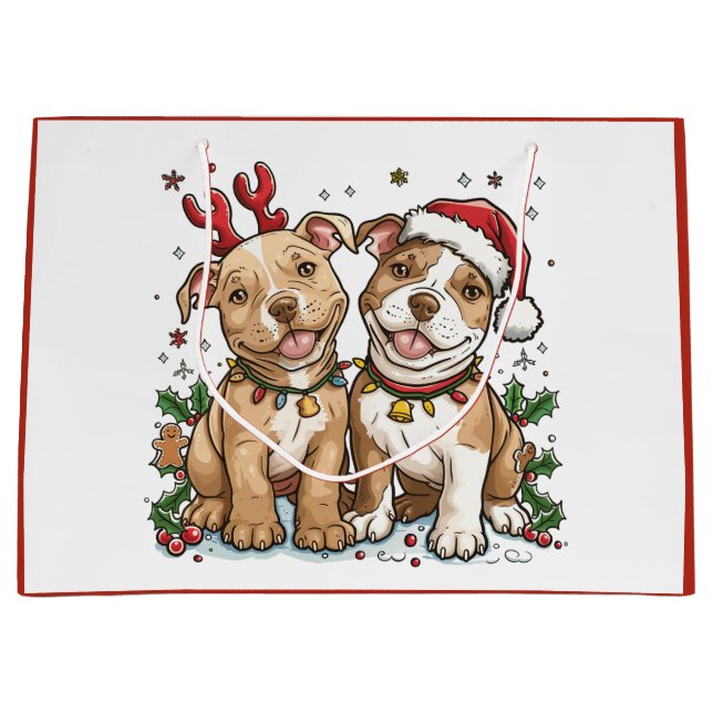 Christmas Pit Bull Dogs Large Gift Bag (Front)