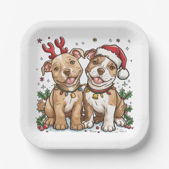 Christmas Pit Bull Dogs Paper Plate (Front)