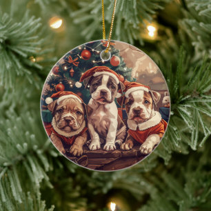 Christmas Pit Bull Puppy Dogs Ceramic Ornament