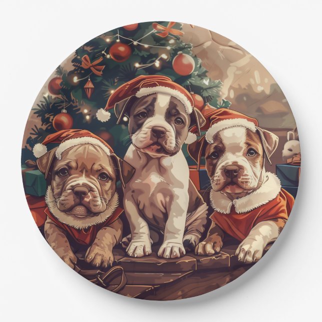 Christmas Pit Bull Puppy Dogs Paper Plate (Front)