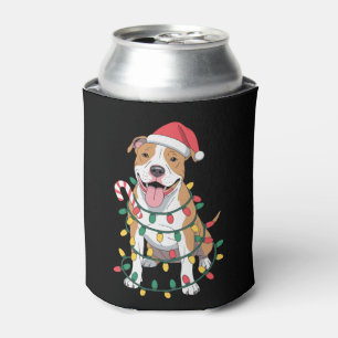 Christmas Pitbull Dog Santa Hat Lights Candy Cane Can Cooler