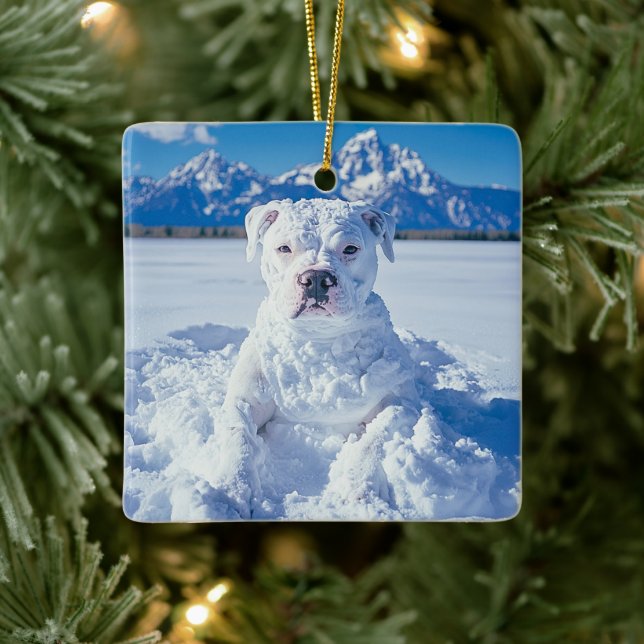 Christmas Pitbull Dog Snowman Ceramic Ornament (Tree)