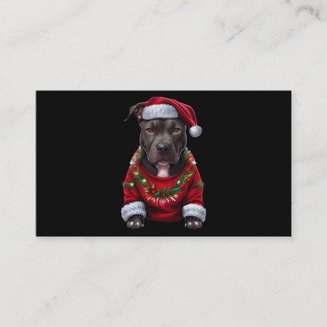 Christmas Pitbull Dog Wearing Xmas Santas Hat & Sw Business Card (Front)