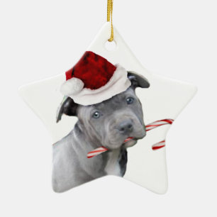 Christmas pitbull puppy ceramic ornament