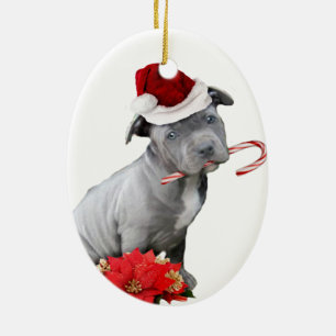 Christmas pitbull puppy ceramic ornament