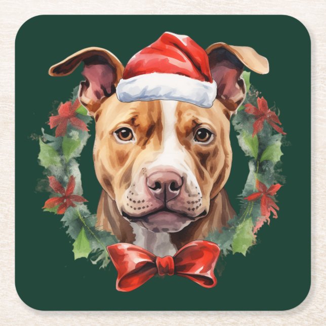 Christmas Pitbull Square Paper Coaster (Front)