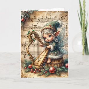 Christmas Pixie Fairy Playing a Harp Card