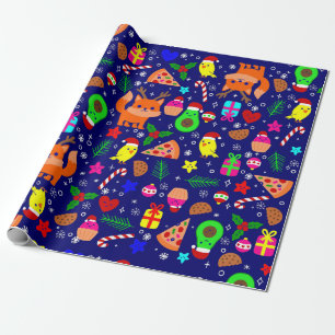 christmas pizza chick bird avocado blue wrapping paper