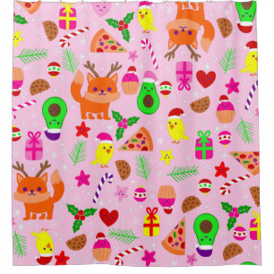 christmas pizza chick bird avocado pink shower curtain