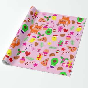 christmas pizza chick bird avocado pink wrapping paper