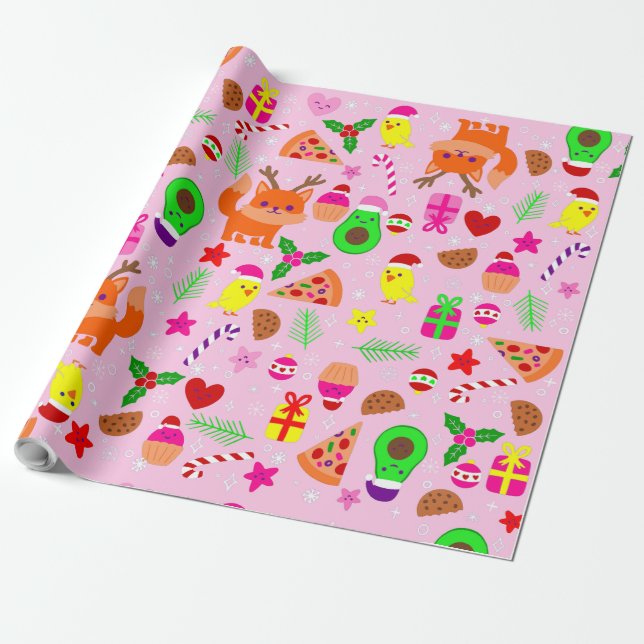 christmas pizza chick bird avocado pink wrapping paper (Unrolled)