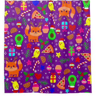 christmas pizza chick bird avocado purple shower curtain