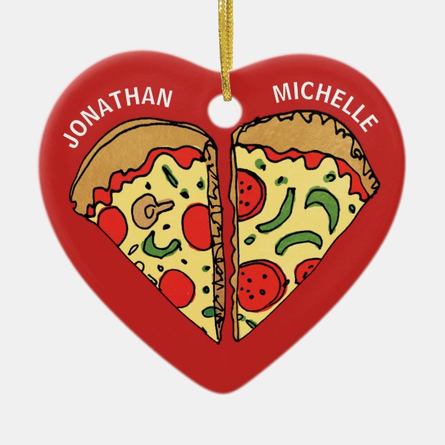Christmas Pizza Funny Couple Monogram Names Ceramic Ornament (Front)