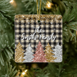 Christmas Plaid And Glitter Family Name Ceramic Ornament