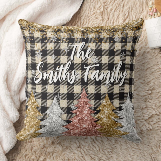Christmas Plaid And Glitter Family Name Cushion (Blanket)