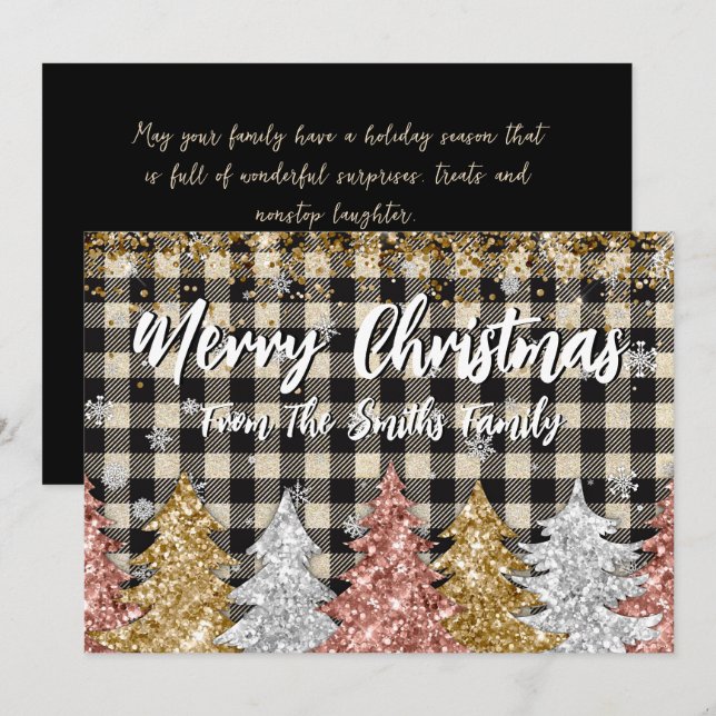 Christmas Plaid And Glitter Family Name Holiday Card (Front/Back)