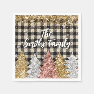 Christmas Plaid And Glitter Family Name Napkin