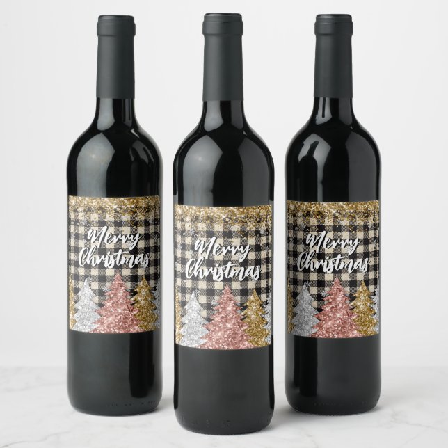 Christmas Plaid And Glitter Merry Christmas Wine Label (Bottles)
