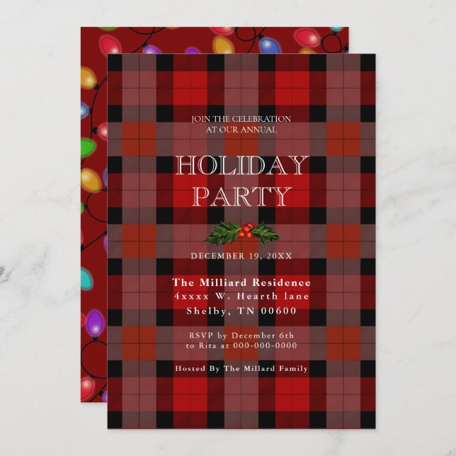 Christmas Plaid And Glowing Lights  Invitation (Front/Back)
