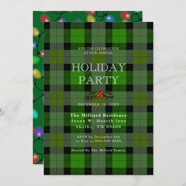 Christmas Plaid And Glowing Lights  Invitation (Front/Back)