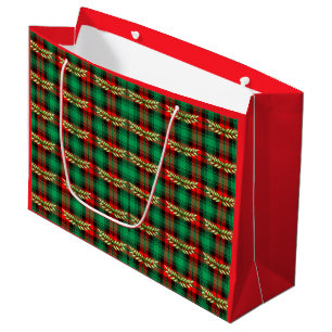 Christmas Plaid And Leaves Large Gift Bag