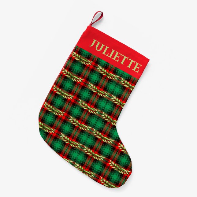 Christmas Plaid And Leaves Small Christmas Stocking (Front (Hanging))