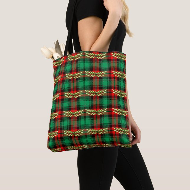 Christmas Plaid And Leaves Tote Bag (Close Up)