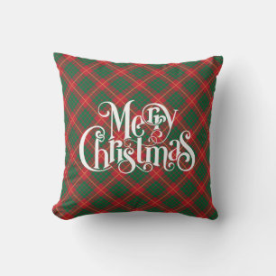 Christmas plaid and Merry Christmas typography Cushion