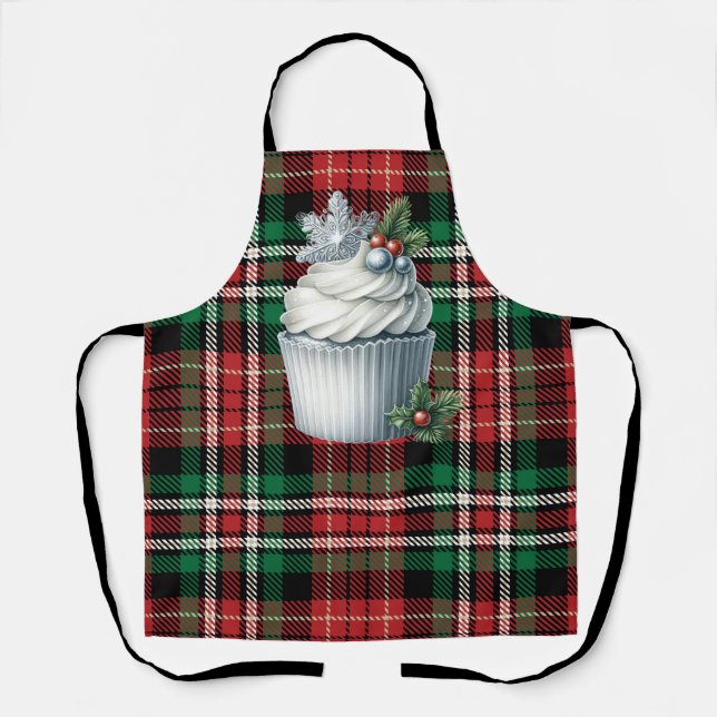 Christmas Plaid Apron w Christmas Cupcake Design (Front)