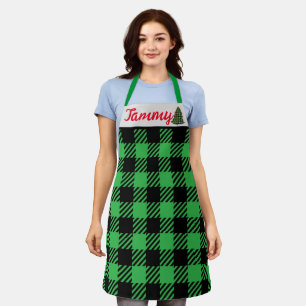 Christmas Plaid Aprons, Custom Name Green Black Apron