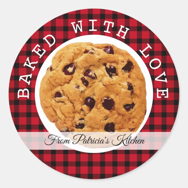 Christmas Plaid Baked With Love Cookies Classic Round Sticker (Front)