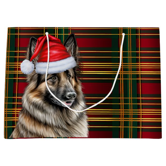 Christmas Plaid Belgian Tervuren Dog Lover Holiday Large Gift Bag (Front)
